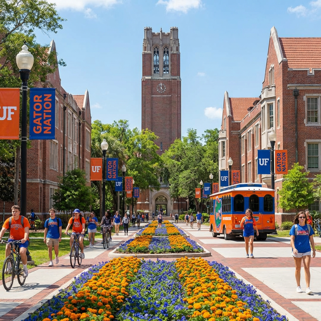 University of Florida campus with Century Tower, Gator Nation banners, and students.